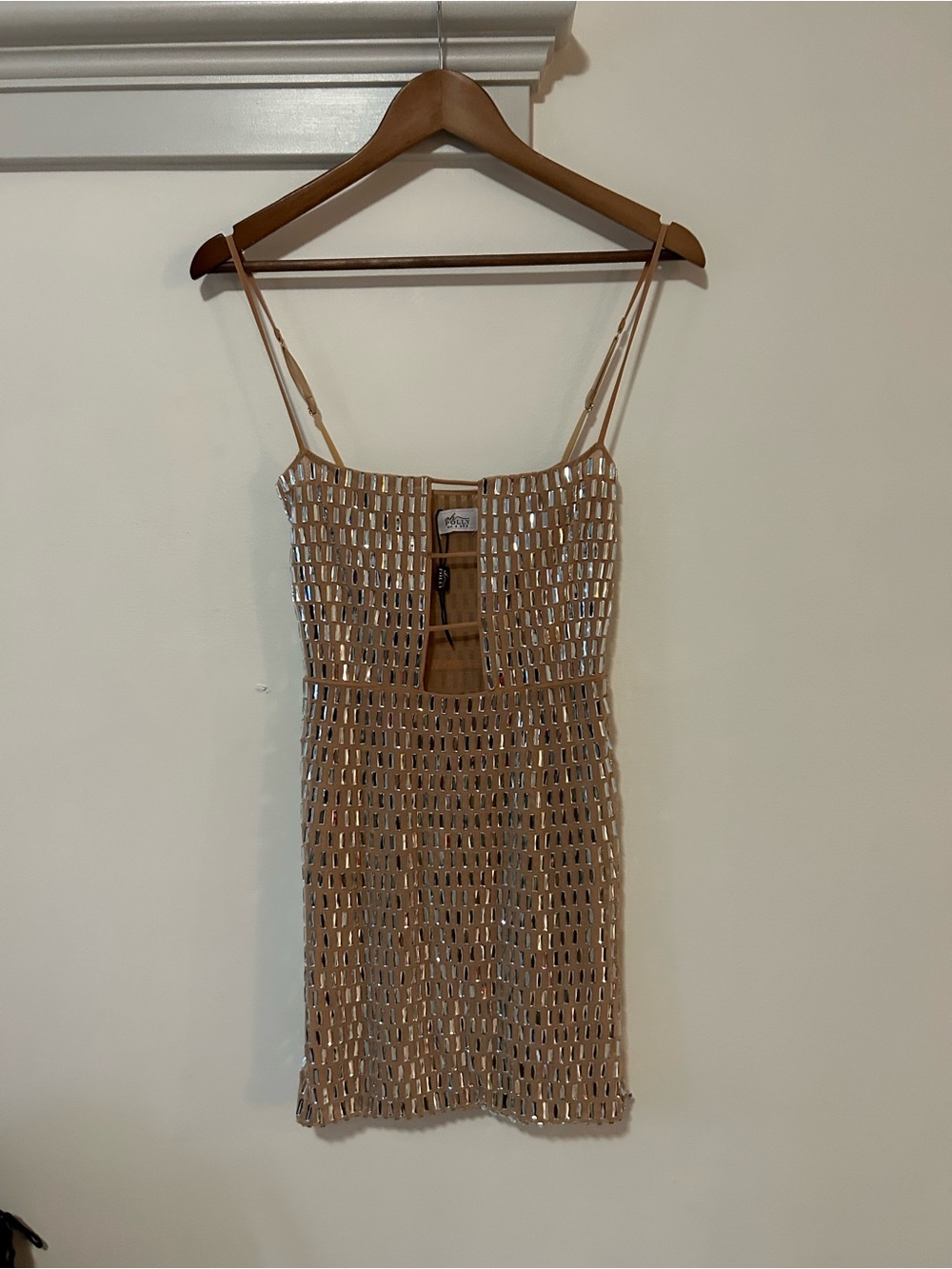 Oh Polly Champagne Sequin Mini Dress with Spaghetti Straps
